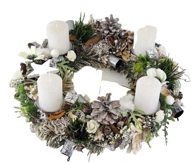 Adventskranz Weiß Jingle Bells künstliche Tanne 35 cm Glöckchen Zapfen Stern