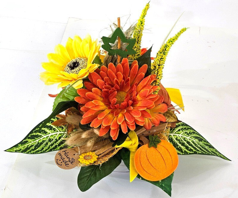 Gesteck 2 x Seide Gelb Orange Kunstblumen Sonnenblume Gerbera rund 25 cm Herbst
