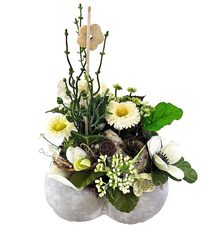 Casa-Poador Herzgesteck 15 cm künstlich Beton Weiß Grau Kunstblumen Bellis