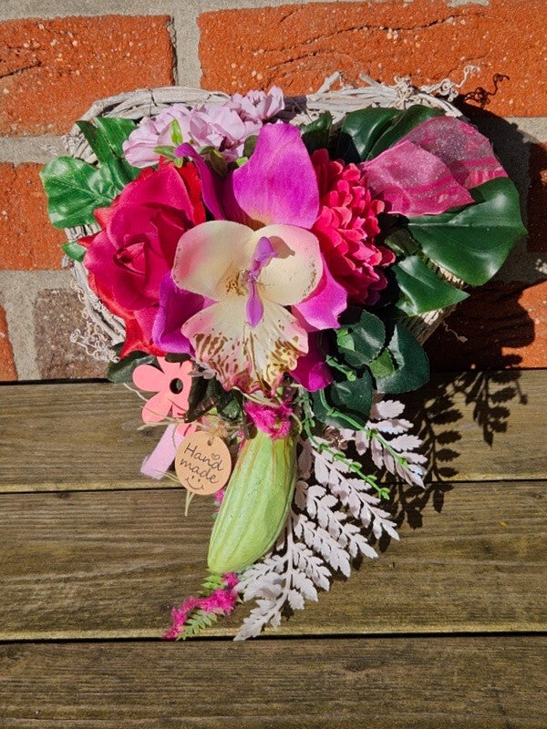 Casa-Poador Grabschmuck Herz Reisigesteck Herz Rosa CymbidieKunstblumen Friedhof