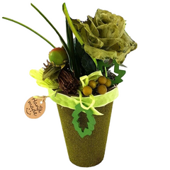 Gesteck Grün Kunstblumen Calla Wachsrose Fruchtstände GräserBast 40cm Dekoration