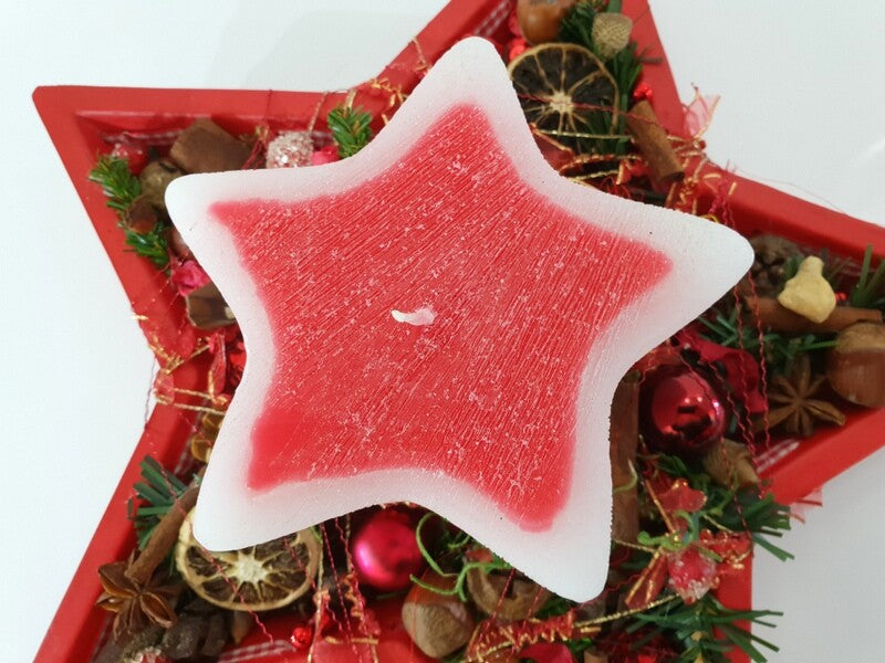 Adventsgesteck Weihnachten Tischschmuck Sternteller Kugeln Anis Zimt Kerze