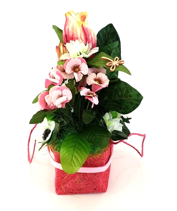 Gesteck Seide Rosa Weiß Kunstblumen Sisaltasche Frühling Magnolie Figuren 32 H