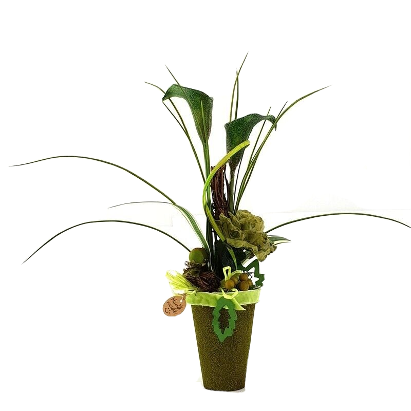 Gesteck Grün Kunstblumen Calla Wachsrose Fruchtstände GräserBast 40cm Dekoration