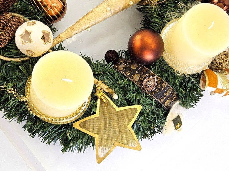 Adventskranz Creme Braun künstliche Tanne 45 cm Rustic Kerzen Kugeln Sterne 8054