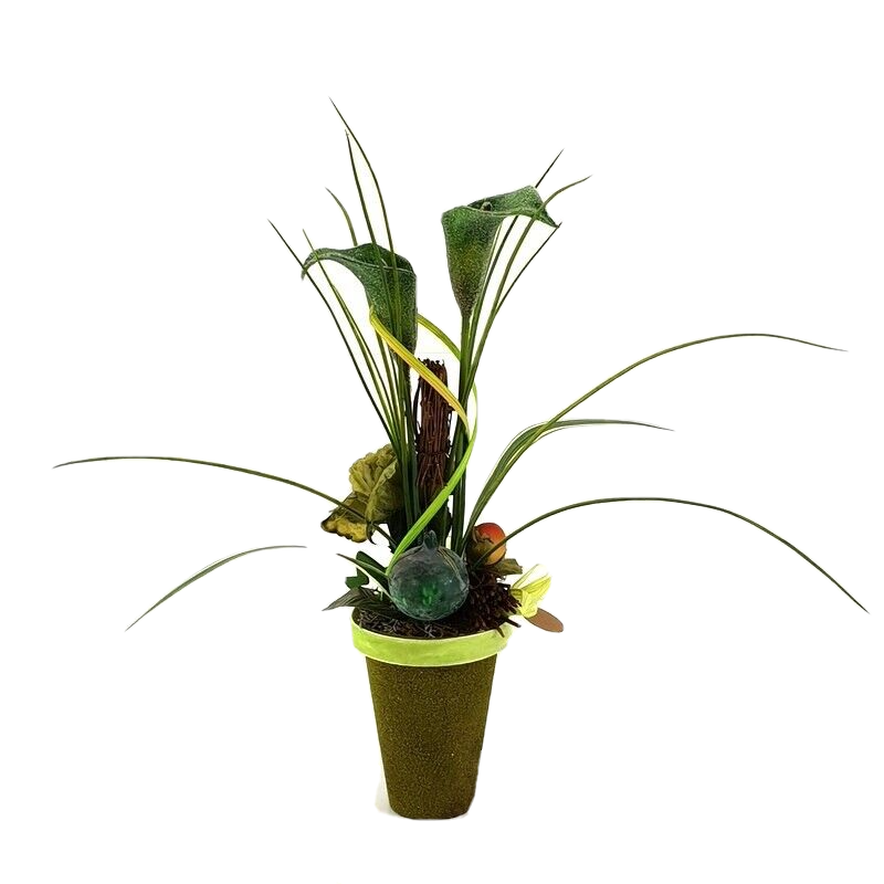 Gesteck Grün Kunstblumen Calla Wachsrose Fruchtstände GräserBast 40cm Dekoration