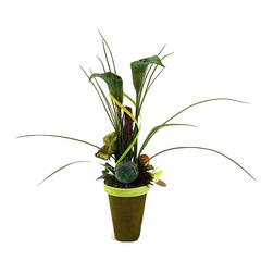 Gesteck Grün Kunstblumen Calla Wachsrose Fruchtstände GräserBast 40cm Dekoration