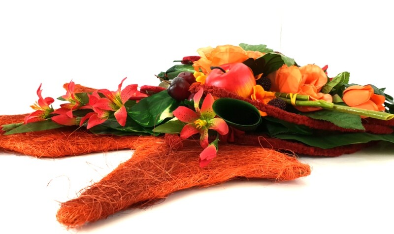 Gesteck Seide Ahornblatt Trocken Lachs Rot Kunstblumen Rosen Äpfel Früchte Deko