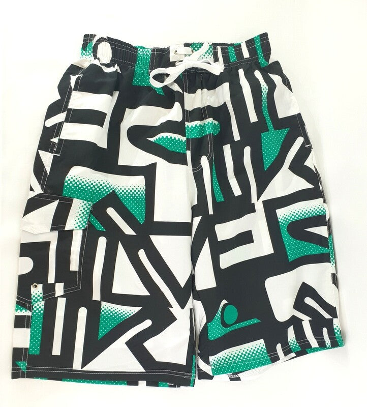 Badehose Badeshorts M Beach Wear E & F Shorts Schwarz Grün gemustert Bermuda
