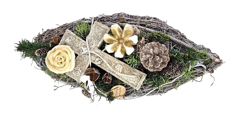 Grabschmuck Gesteck künstliche Blumen ellipse Weiß Naturmaterial Friedhof