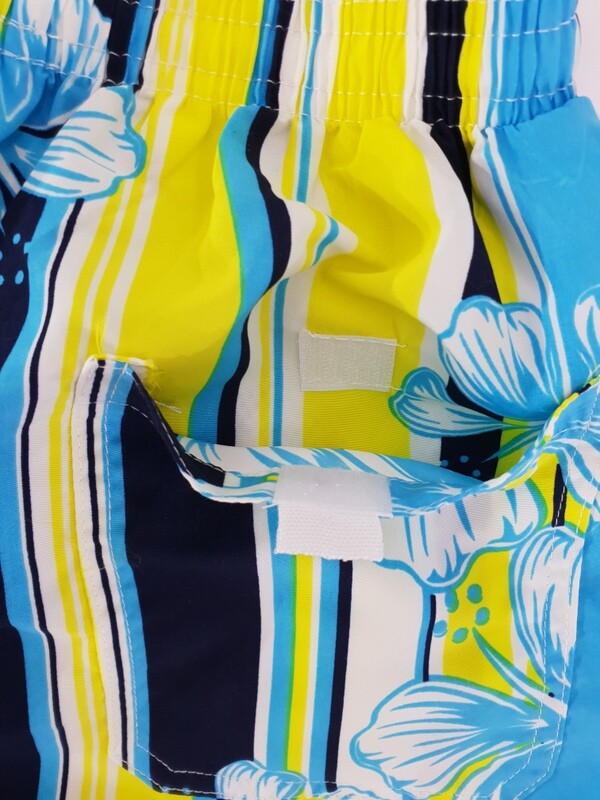 Badehose Badeshorts M / L Lotus Shorts geblümt gestreift Gelb Blau Shorts