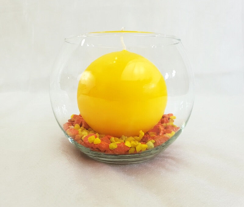 Gesteck Seide Orange Gelb Calla Kunstblumen Glasgefäß rund Kerze Dekoration