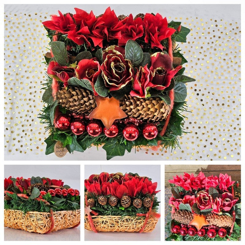 Casa-Poador Weihnachtsgesteck künstliche Accessoires Zapfen Tanne Kugeln Rosen