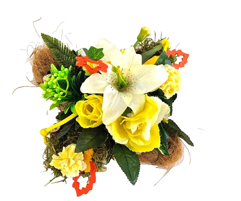 Grabschmuck Gesteck Moos Reisig Kissen künstliche Blumen RoseGelb Natur Friedhof