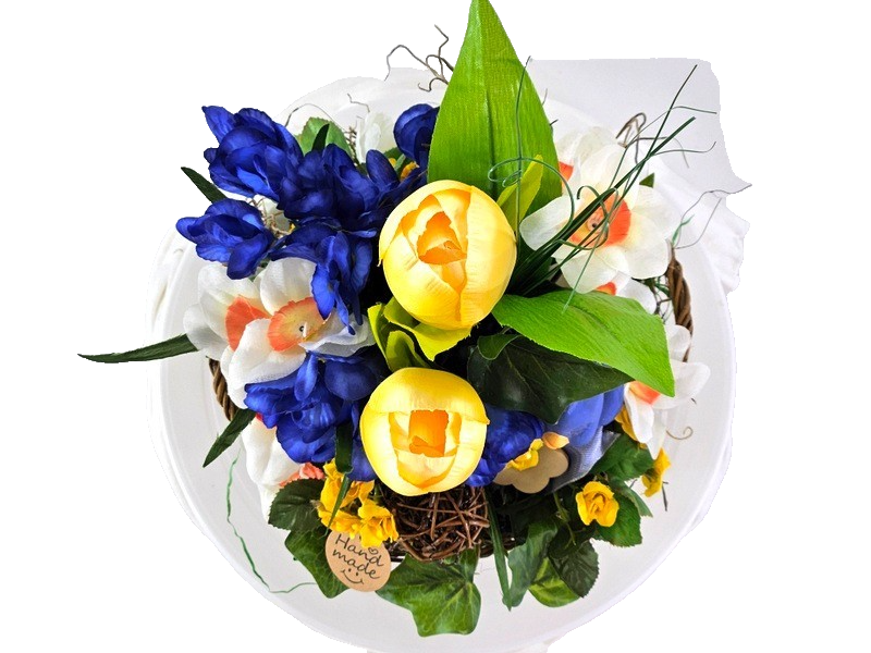 Casa-Poador Gesteck im Korb Tulpen Osterglocken Krokus Kunstblumen Frühling Deko