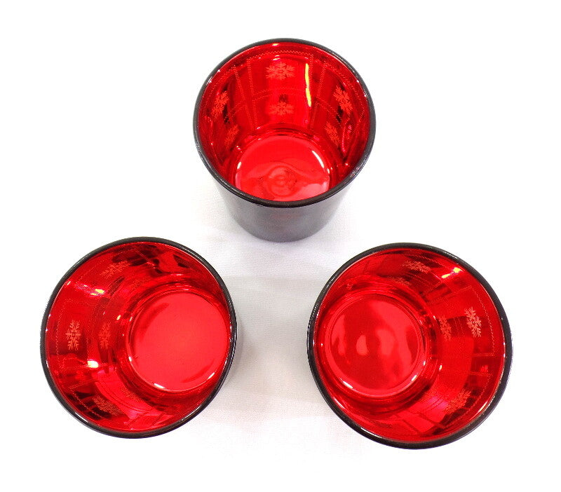 3 Teelichthalter Windlicht Gläser Rot Schneeflocke verspiegelt 8 cm H 7,5 cm D.