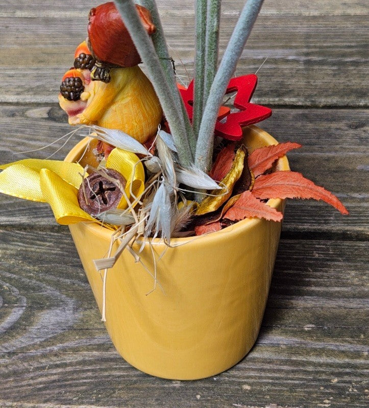 Topfblume Gerbera Gelb Weiß Kunstblumen Keramikgefäß rund Figur Blätter Geschenk