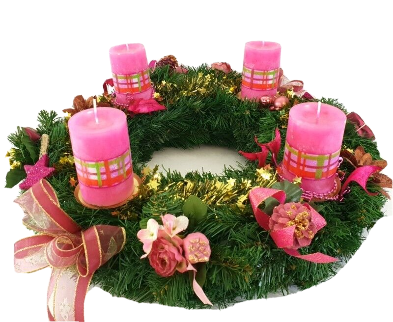 Adventskranz Rosa Pink Bourdaux künstliche Tanne 45 cm Kerzen Kugeln Sterne