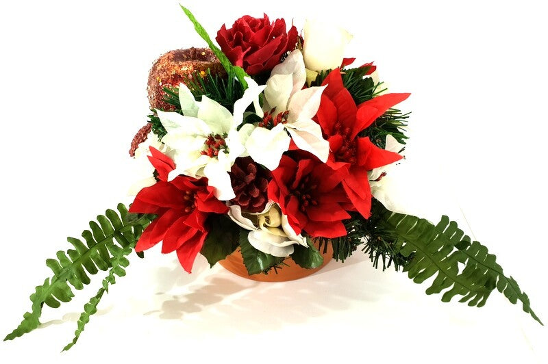 Grabgesteck Schale Weiß Rot Weihnachtsstern Rosen Seidentanne Zapfen Kunstblumen