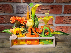 Gestecke 3 Stück in Holzbox Gelb Grün Orange Kunstblumen  Filztaschen Dekoration