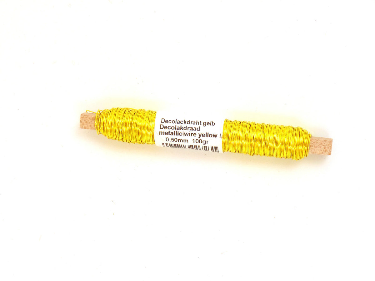 Gelber Decolackdraht 1 Rolle auf Holzwickel 0,50 mm 100 gr. Lack Metallic