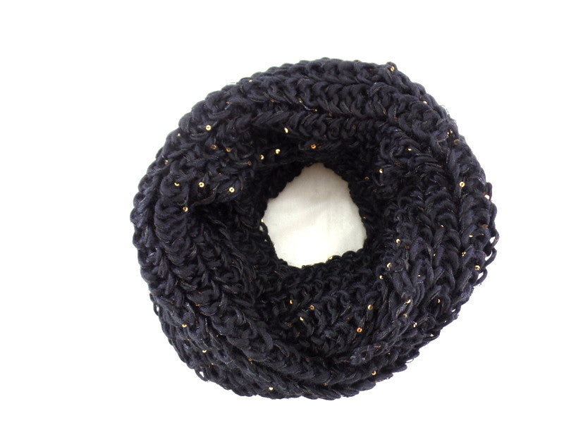 Schal Rund Wickelschal Schwarz Loop goldfarbige Pailetten gestrickt Polyester