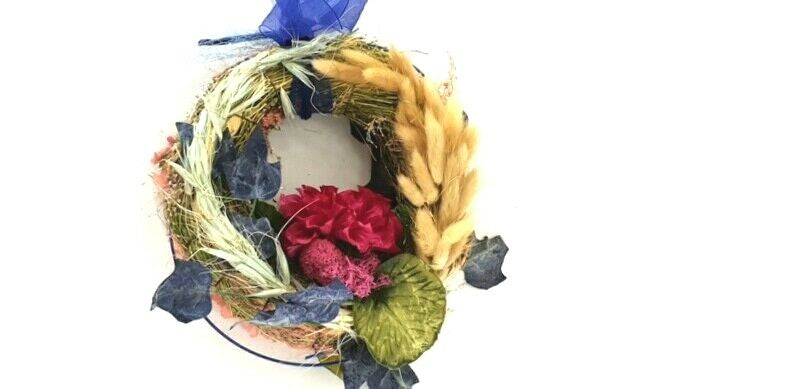 Kranz künstlich trocken beidseitig dekoriert Blau Rosa Dahlie Lagurus 20 cm
