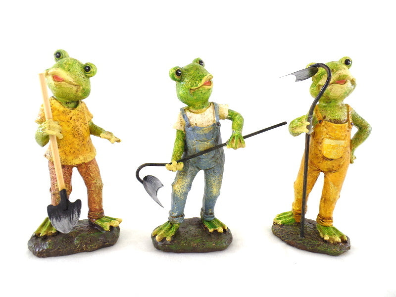 Frösche 3 er Set Gartenarbeit Grün Gelb Blau Amsel stehend Dekoration Polyresin