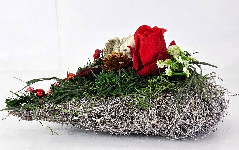 Grabschmuck Herz Reisigesteck Weiß Rot  Kunstblumen Natur