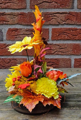 Gesteck Gelb Orange Kunstblumen Sonnenblume  rund 35 H Herbst Filzblätter  Deko
