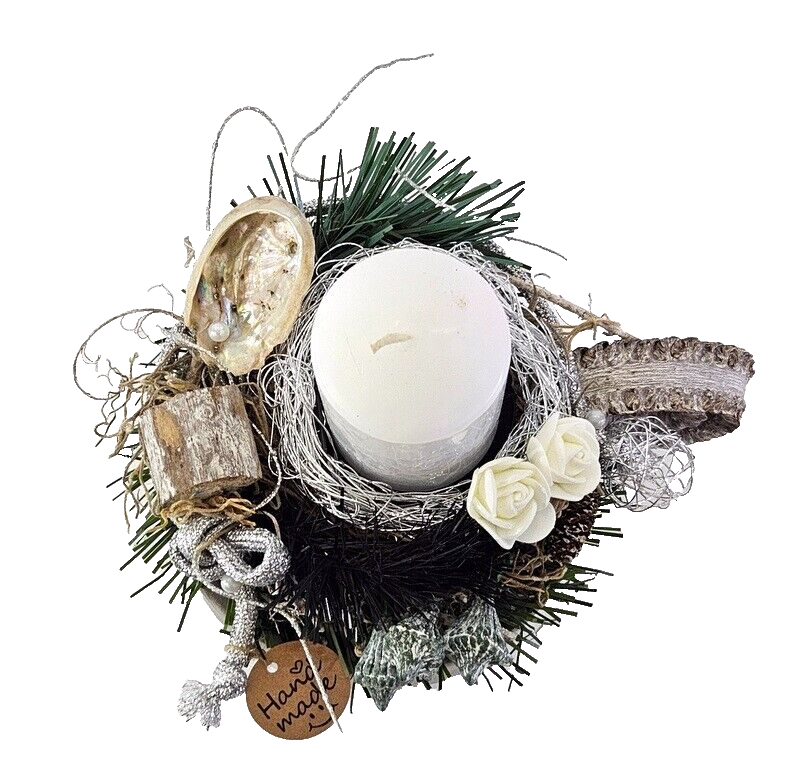 Casa-Poador Weihnachtsgesteck künstliche Tanne Eukalyptus Silber Grau Weiß Kerze