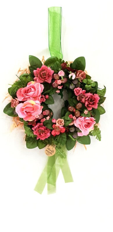 Kranz Tür / Wand Kranz künstlich wie echt Rosen Rosa Grün 25 cm Hafer