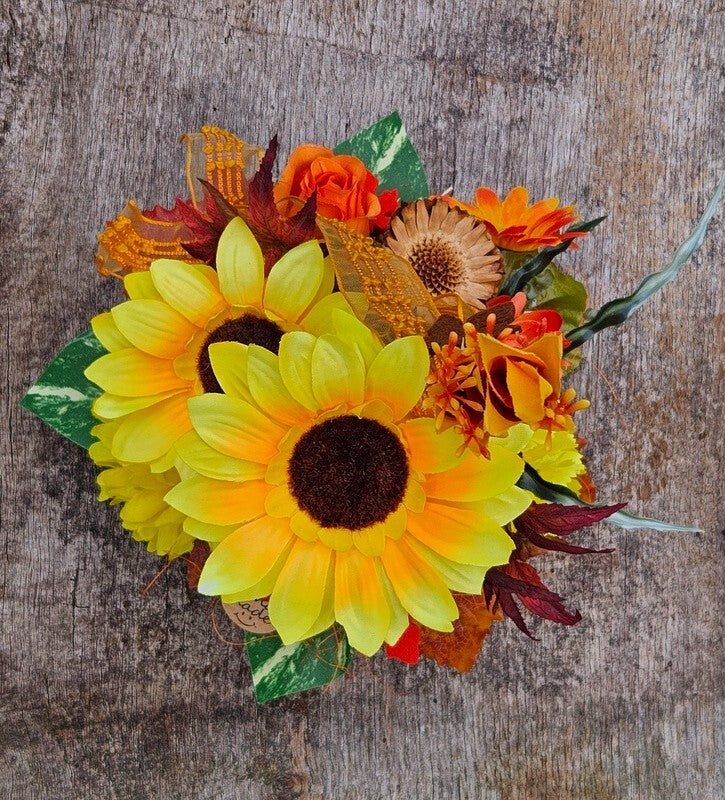 Gesteck Gelb Orange Kunstblumen Sonnenblume  rund 35 H Herbst Filzblätter  Deko