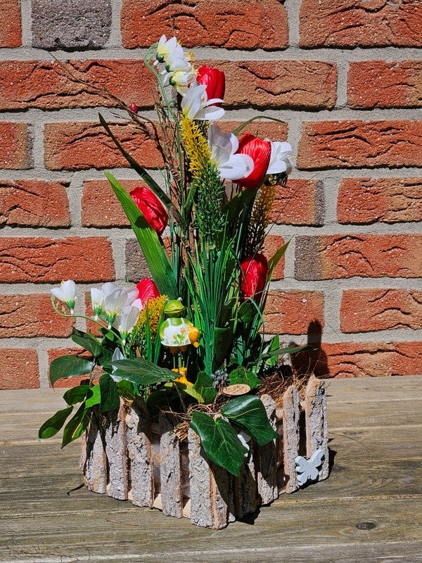 Casa-Poador Gesteck Kunstblumen Naturgefäß Tulpen Frühling FroschfigurDekoration