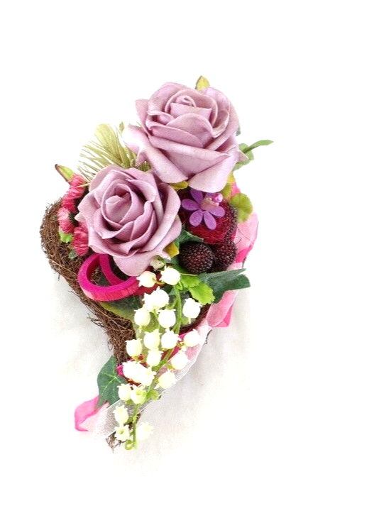 Grabschmuck Herz Reisigesteck Rosa Kunstblumen Natur Beeren Maiglöckchen
