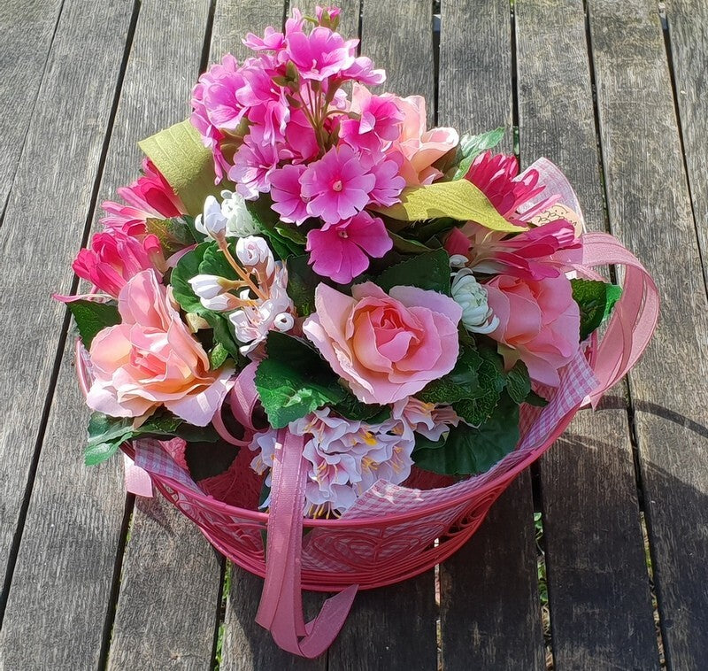 Gesteck im Metallkorb Primel Rosen Gerbera Rosa Kunstblumen Frühling