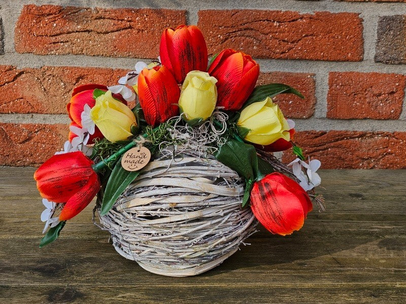 Casa-Poador Gesteck Kunstblumen Naturgefäß rund Kugel Tulpen FrühlingDekoration