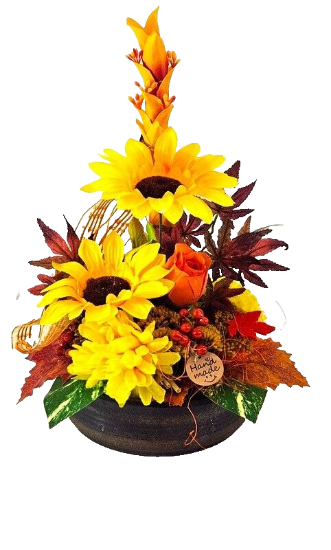 Gesteck Gelb Orange Kunstblumen Sonnenblume  rund 35 H Herbst Filzblätter  Deko