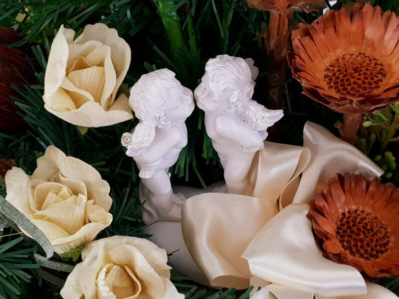 Grabgesteck XXL Cocosblatt Naturdeko Künstliche Blumen Engel Gedenken Friedhof