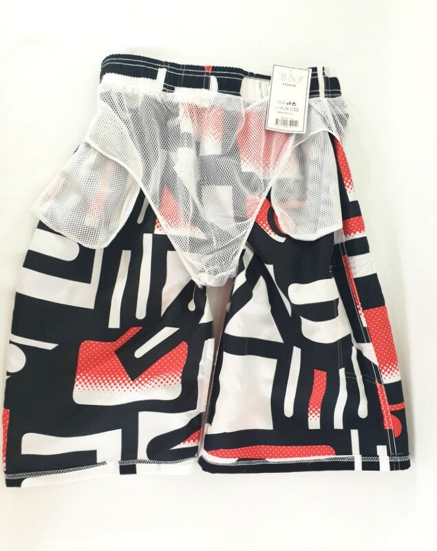Badehose Badeshorts M Beach Wear E & F Shorts Schwarz Weiß Rot gemustert