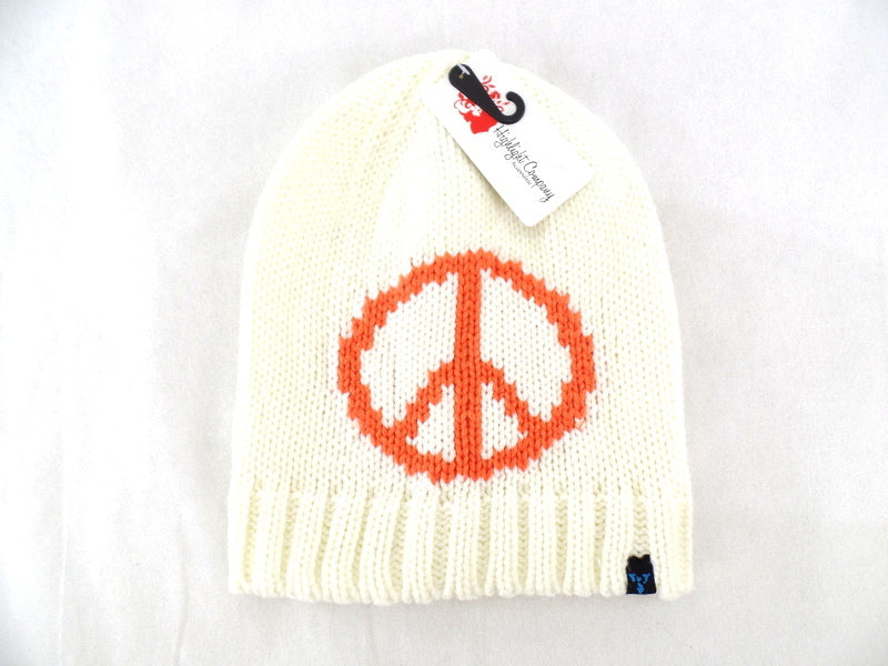 Mütze Strickmütze Weiß mit Peace Zeichen orange 100 % Acrylic Hightlight Company