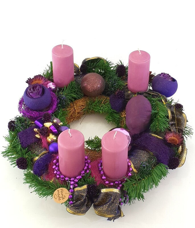 Adventskranz Kranz künstliche Tanne 40 cm Lila Gold Kerzen Kugeln Sterne Advent
