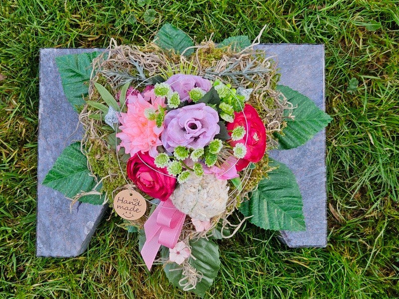 Grabschmuck Herz Gesteck Rose Baumwolle Kunstblumen Natur Allerheiligen Gedenken