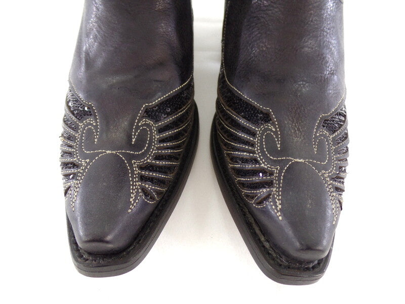 Westernstiefel 38 Schwarz Cowboystiefel Applikationen Paietten Leder spitz Rudel