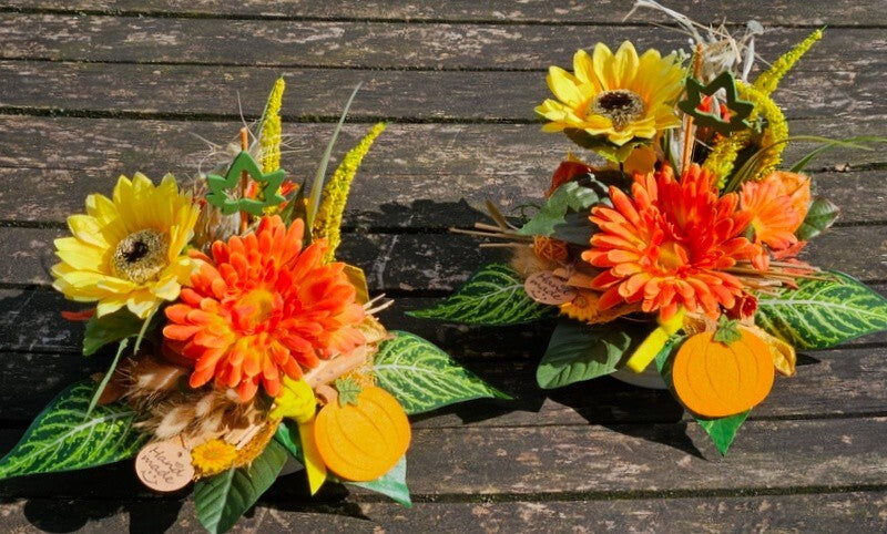 Gesteck 2 x Seide Gelb Orange Kunstblumen Sonnenblume Gerbera rund 25 cm Herbst