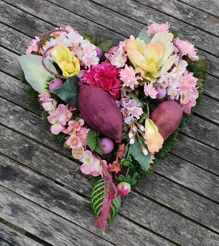 Grabgesteck Herz Rosa Lila Dahlie Hortensie Kunstblumen Natur Friedhof