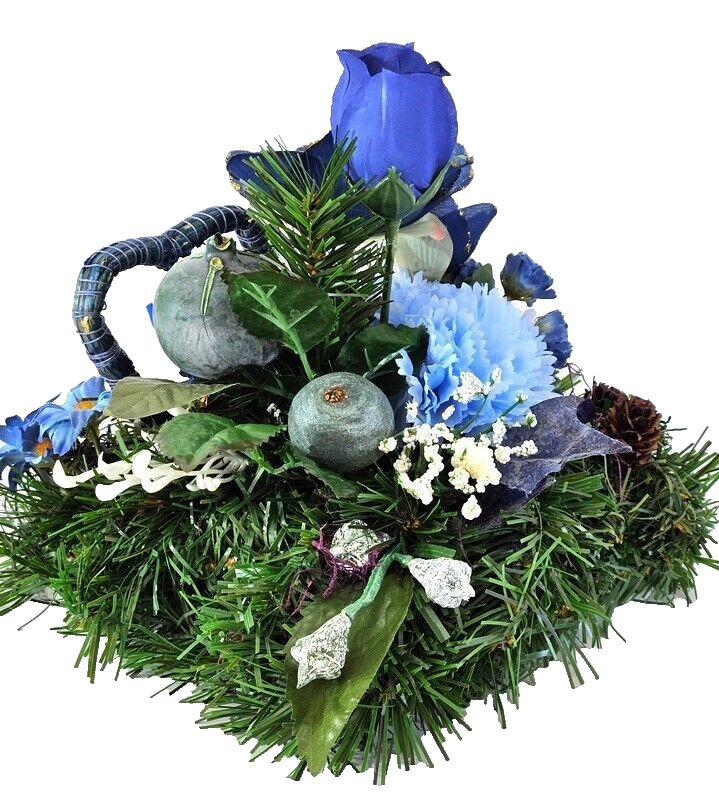 Grabschmuck Gesteck Kissen künstliche Blumen Tanne Christrose Blau Friedhof