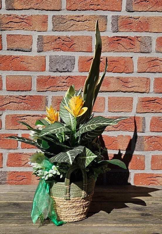 Casa-Poador Gesteck Kunstblumen Korb Topf rund Gelb Weiß Gummibaum Gerbera