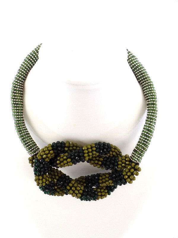 Halskette Collier 16 cm D. Band Grün Knoten silber / grün / olivefarbene Perlen