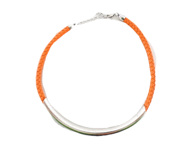 Halskette mit orangefarbenen geflochtenen Lederband silberfarb. Anhänger Top
